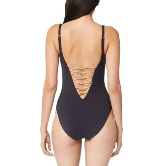 NEW Bleu Rod Beattie Lattice One Piece Swimsuit Women's Black Gold Size 12 - Picture 2 of 5